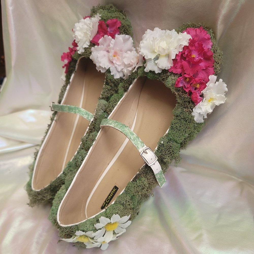 Custom One of a Kind Size 11 Topiary Moss and Flower Flat Mary Jane Shoes OOAK - Picture 7 of 11